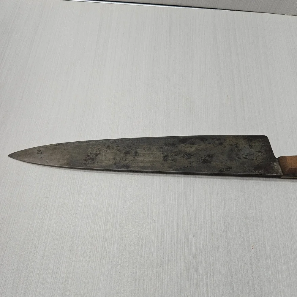 Vintage Carbon Steel Chef Knife 10.5 Inch Blade Wood Handle Full Tang Antique